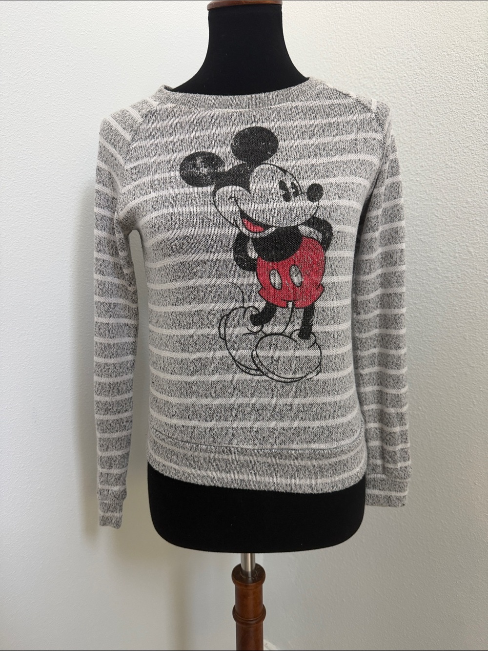 Juniors lightweight gray white stripe Mickey Mouse Sweater Crewneck small Disney